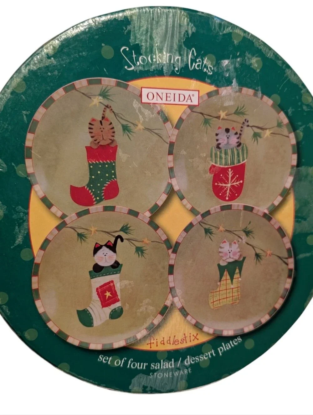Vintage Oneida Fiddlestix Stocking Cats Stoneware Salad Dessert Plates Set of 4